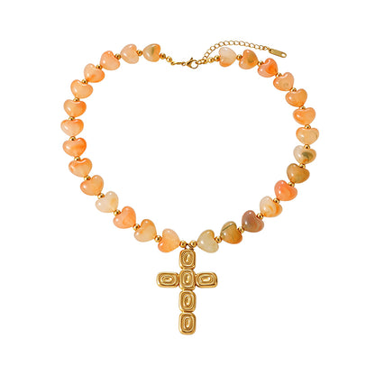 Collar Naranja Cruz Vidrio Acero Inoxidable