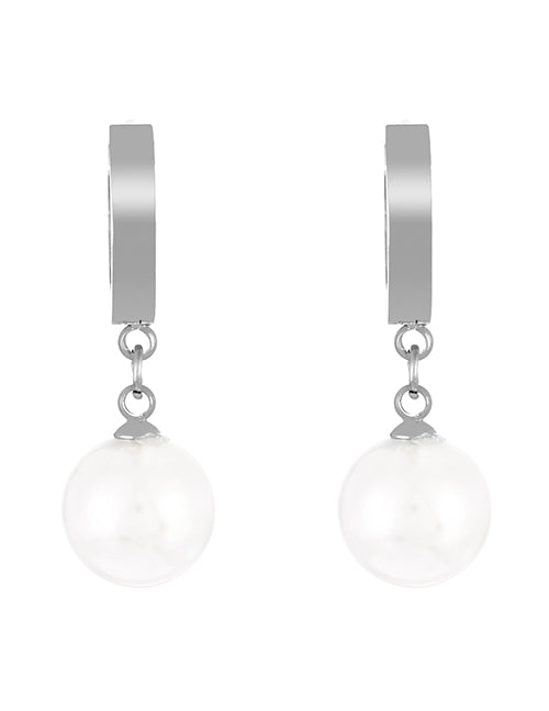 Aretes Arracada Plateada Perla Acero Inoxidable 1W3