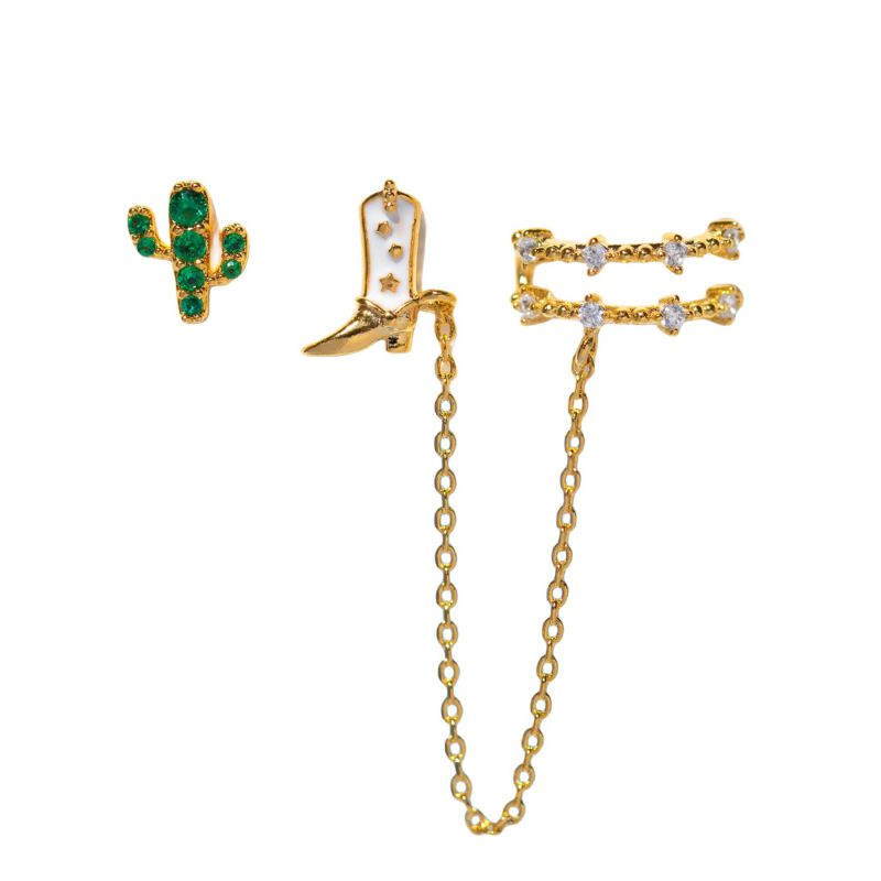 Set Aretes 3pz Doradas Cactus Bota Cadena Chapa de Oro