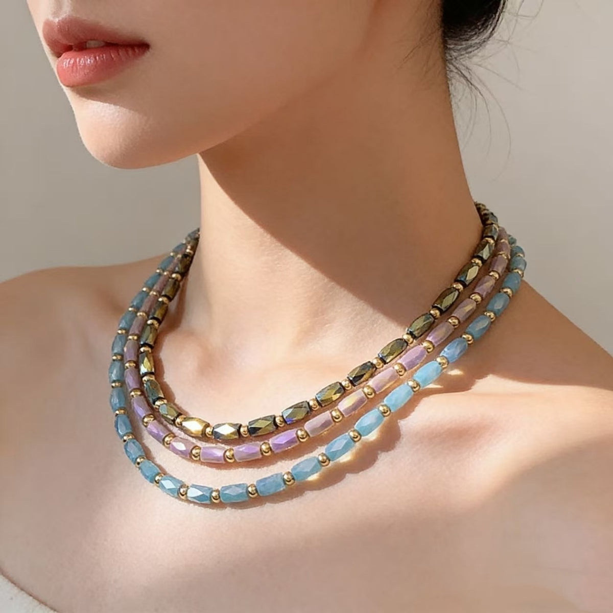 Collar Cuentas de Piedras Natural Acero Inoxidable