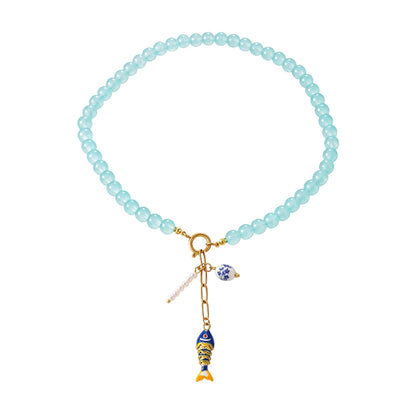Collar Aqua Pez Bolitas Vidrio y Acero Inoxidable