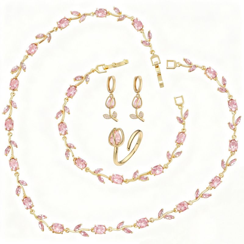 Collar Pulsera Aretes Anillo Tulipanes Rosa