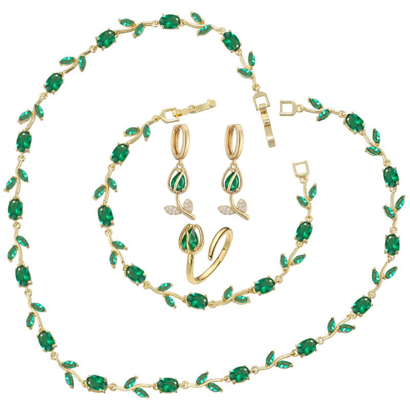 Collar Pulsera Aretes Anillo Tulipanes Verdes Chapa de Oro