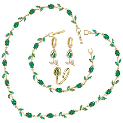 Collar Pulsera Aretes Anillo Tulipanes Verdes Chapa de Oro
