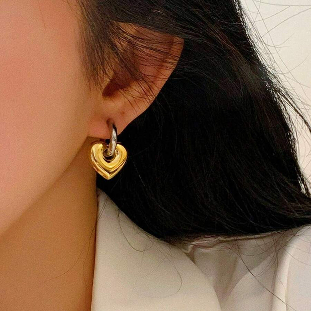 Aretes Arracada Corazón Oro-Plata Acero Inoxidable 1N2