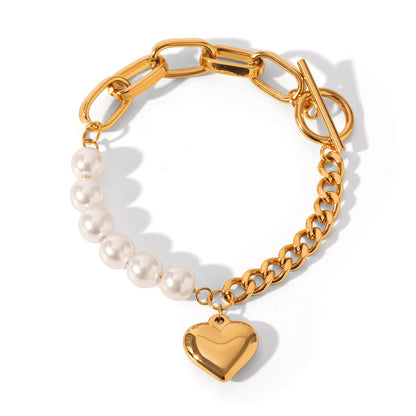Pulsera Corazón Dorado con Perlas Acero Inoxidable 3H2