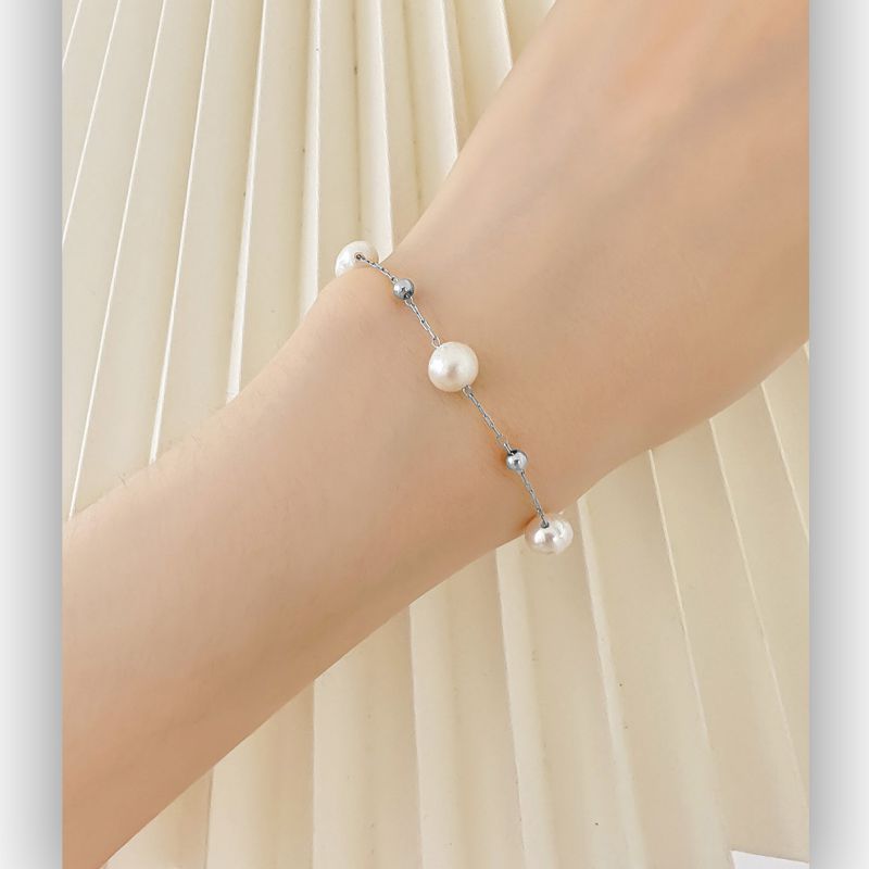 Pulsera Plateada Perlas Acero Inoxidable 1N6