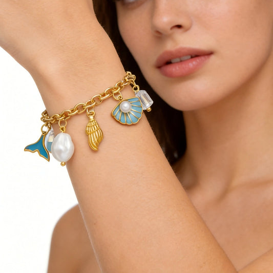 Pulsera Dorada y Azúl Charms Verano  Acero Inoxidable C617