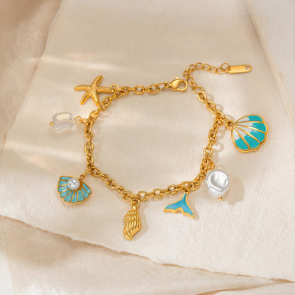 Pulsera Dorada y Azúl Charms Verano  Acero Inoxidable C617