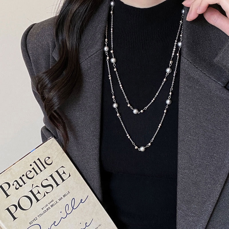 Collar Plateado Largo Perlas y Piedras 2B4