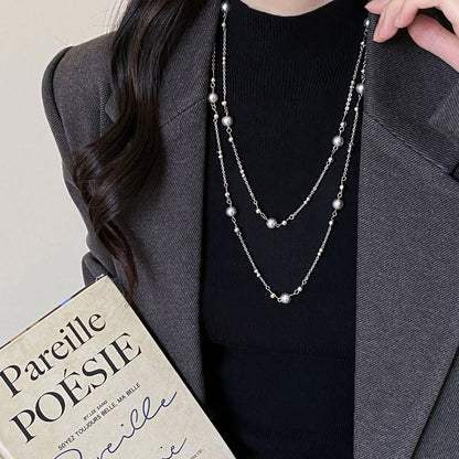 Collar Plateado Largo Perlas y Piedras 2B4