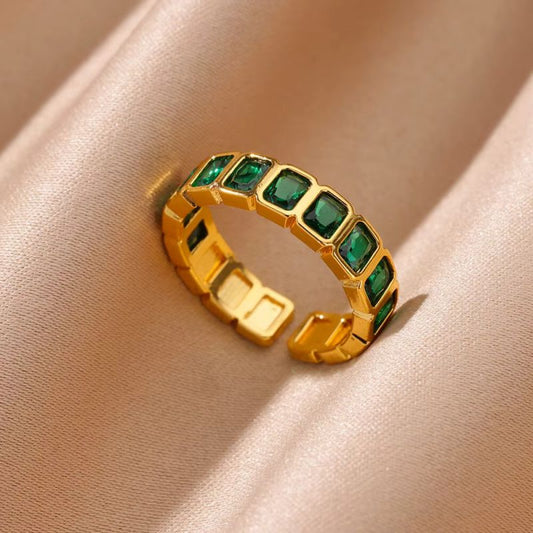 Anillo Dorado y Esmeralda Ajustable Acero Inoxidable 2F6