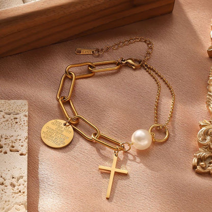Pulsera Dorada Cruz Perla Medalla Acero Inox 1U4