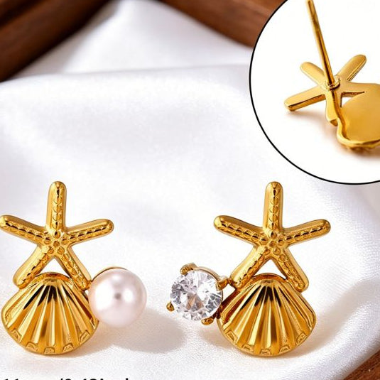 Aretes Dorados Estrella Concha Irregular Acero Inoxidable
