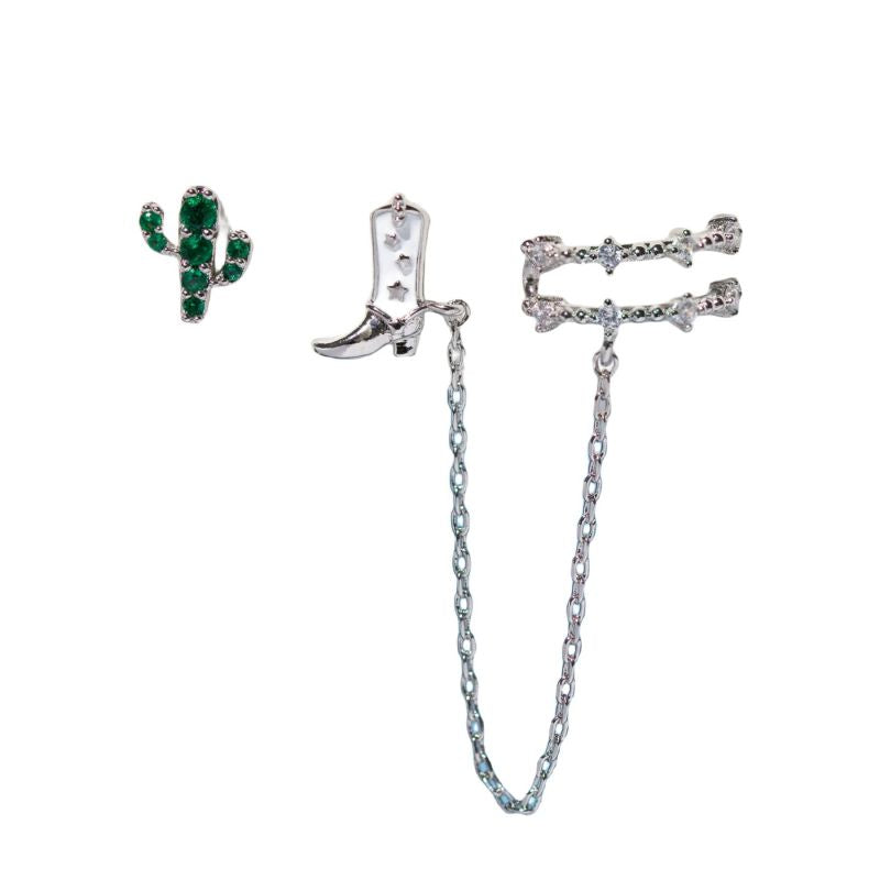 Set Aretes 3pz Plateadas Cactus Bota Cadena Chapa de Oro