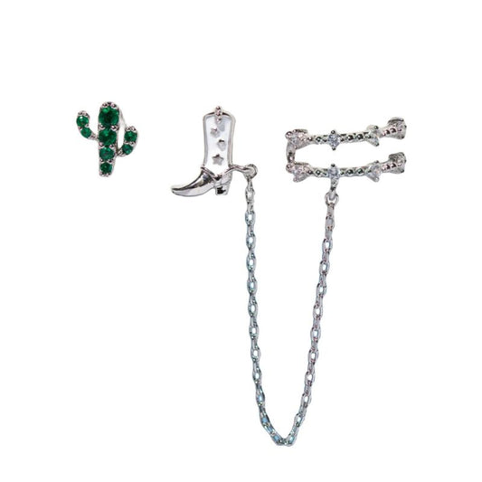 Set Aretes 3pz Plateadas Cactus Bota Cadena Chapa de Oro