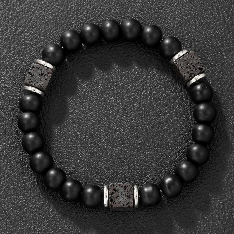 Pulsera Bolas De Piedras Negras Cubo Caballero