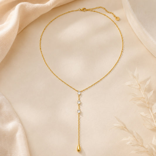 Collar Dorado Largo Zirconia Gota de Lagrima