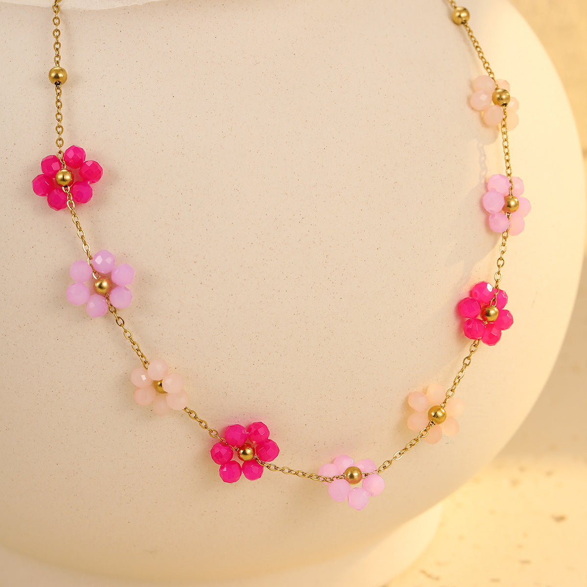 Collar Dorado Flores Rosadas Cristal Acero Inisxidable