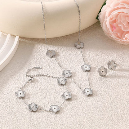 Collar Pulsera y Aretes Plateados Flor Acero Inoxidable