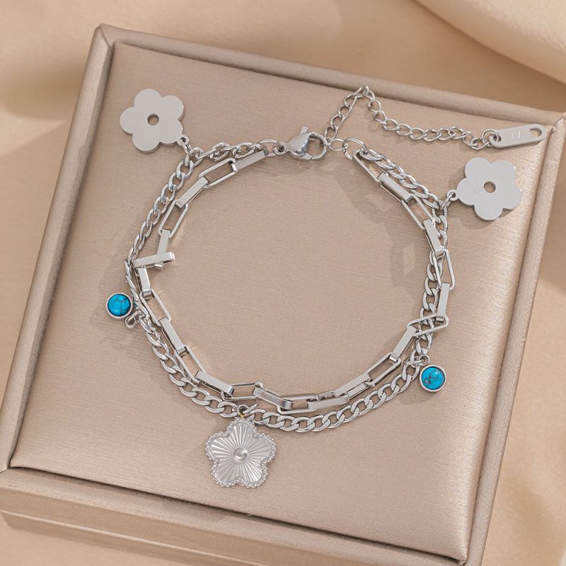 Pulsera Plateada Doble Flores Acero de Titanio