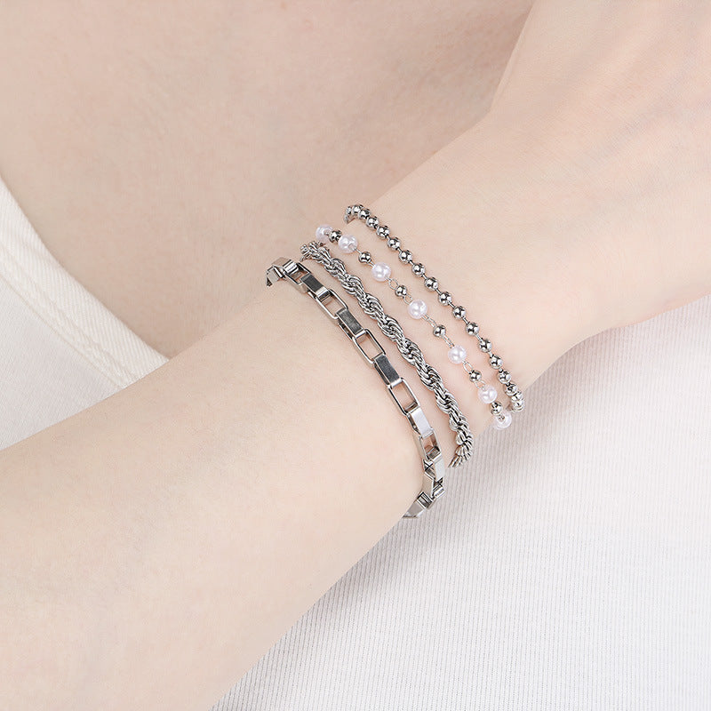 Set Pulseras 4pzs Plateadas Perlitas Acero Inoxidable 1C7