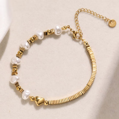 Pulsera  Perlas y Corazón Acero Inoxidable  1Q2