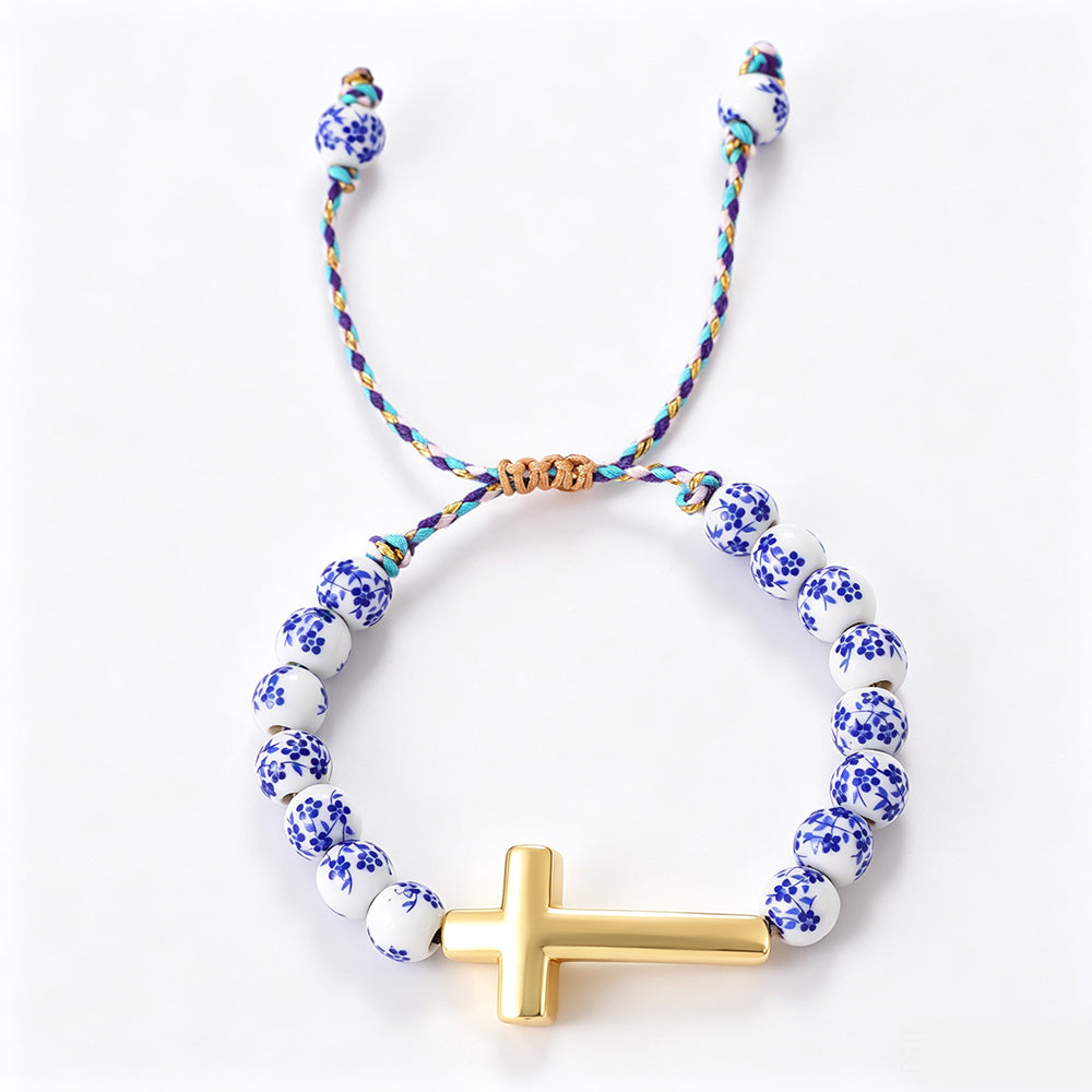 Pulsera Ceramica y Cordon Cruz Chapa de Oro