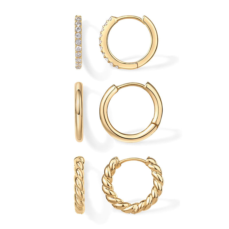 Set Aretes Dorados 3 Pares de Arracadas Acero Inoxidable
