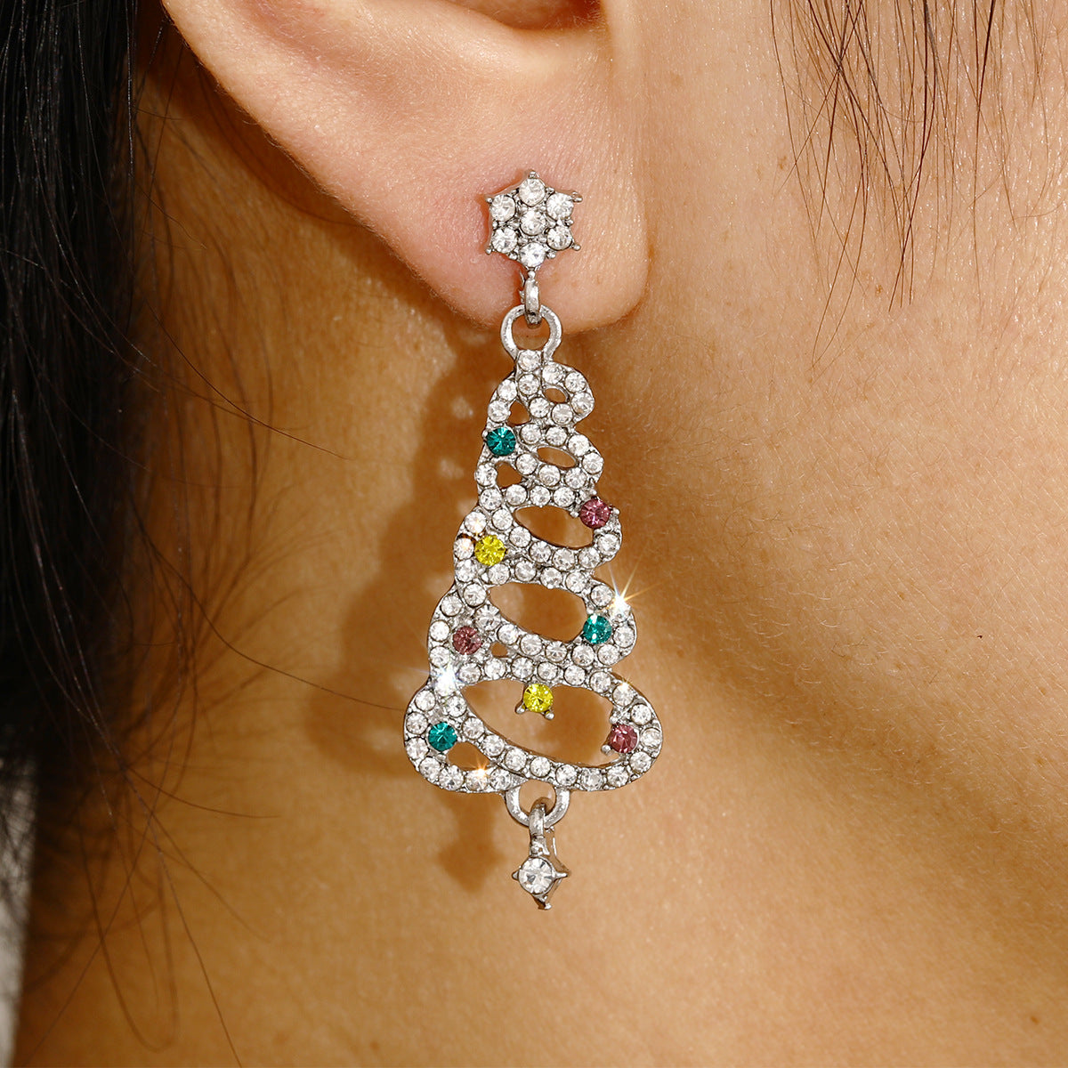 Aretes Arbol de Navidad Plateado Brillante 3H2