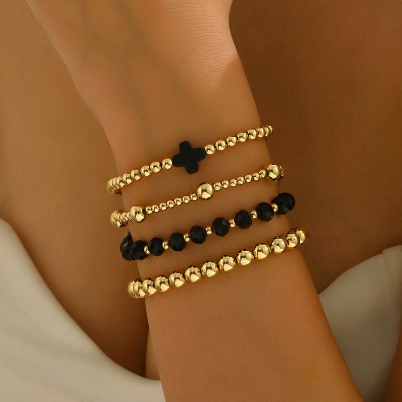 Set 4 Pulseras Doradas Bolitas y Cruz 1xx2