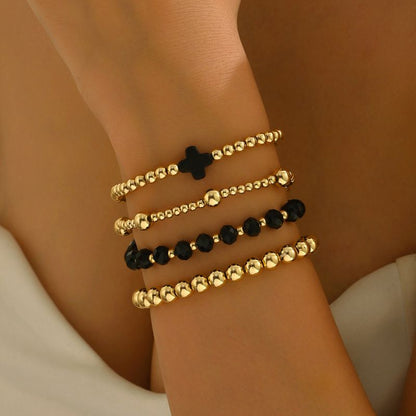 Set 4 Pulseras Doradas Bolitas y Cruz 1xx2