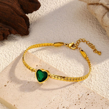 Pulsera Corazón de Piedra Verde  Acero Inoxidable  1R6