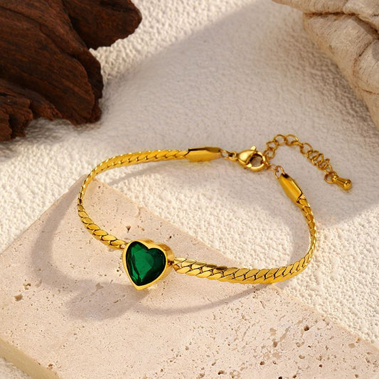 Pulsera Corazón de Piedra Verde  Acero Inoxidable  1R6