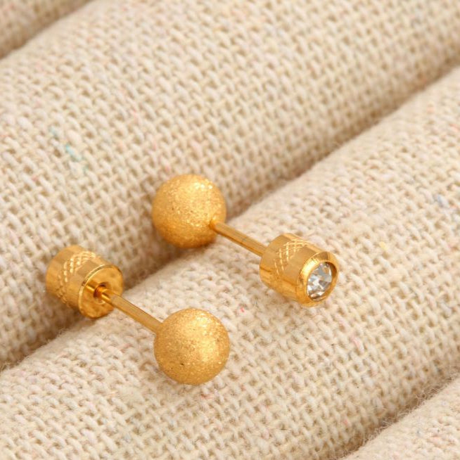 Aretes Dorados 2 Vistas Bolita y Zirconia Acero Titanio 1H2