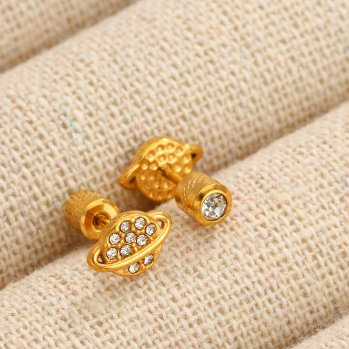 Aretes Dorados 2 Vistas Planeta y Zirconia Acero Titanio 1S2