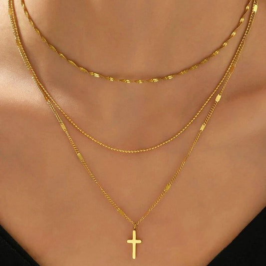 Collar Layer Dorado con Cruz Acero Inoxidable  3H2