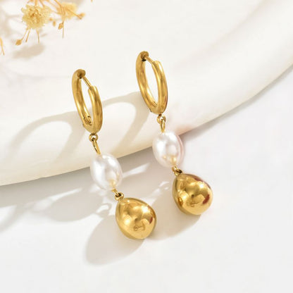 Aretes Dorados Gota de Perla Acero Inoxidable 1N2