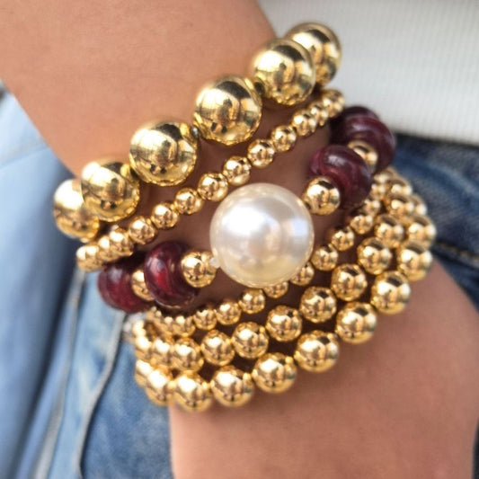Set 6 Pulseras Bolitas Rojo Vino 2BB5