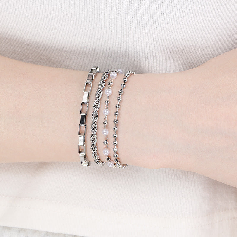 Set Pulseras 4pzs Plateadas Perlitas Acero Inoxidable 1C7