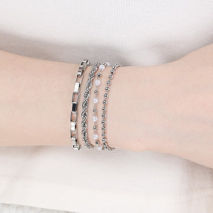 Set Pulseras 4pzs Plateadas Perlitas Acero Inoxidable 1C7