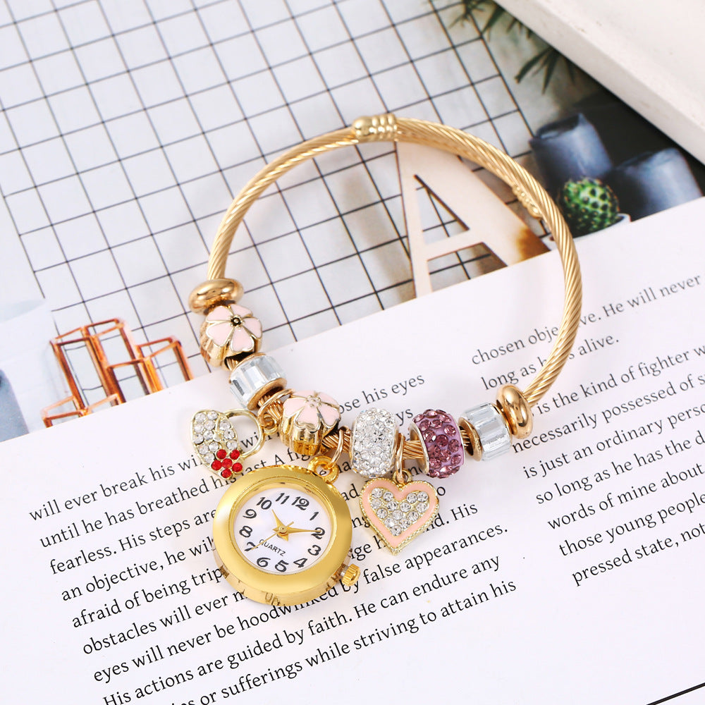 Reloj Pulsera Dorada Charms Rosa Acero Inoxidable R8