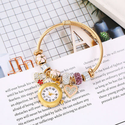 Reloj Pulsera Dorada Charms Rosa Acero Inoxidable R8