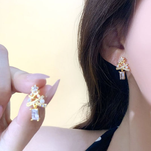 Aretes Dorados Arbol Navidad de Plata y Zirconias