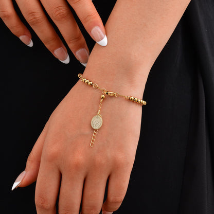 Pulsera Dorada Bolitas Cruz y Medalla  Acero Inoxidable  1S4