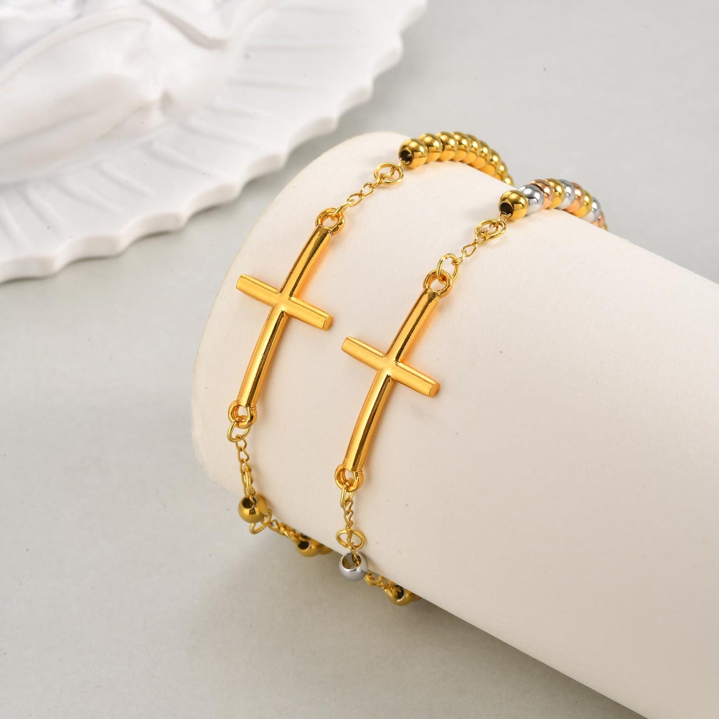 Pulsera Oro-Plata Bolitas Cruz y Medalla  Acero Inoxidable 1R5