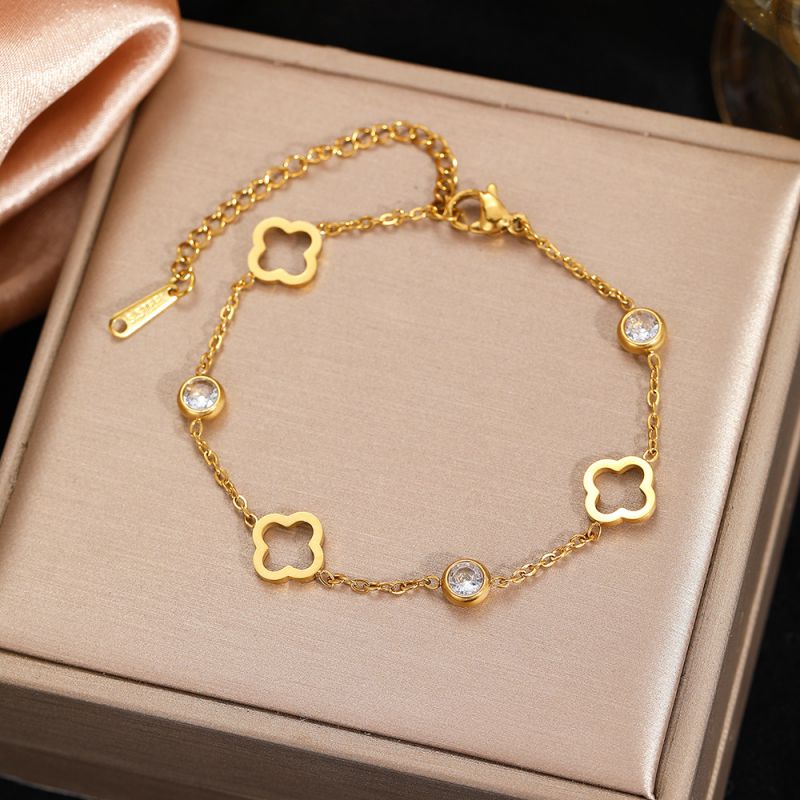 Pulsera Dorada Trébol y Brillante Acero Inoxidable 2G4