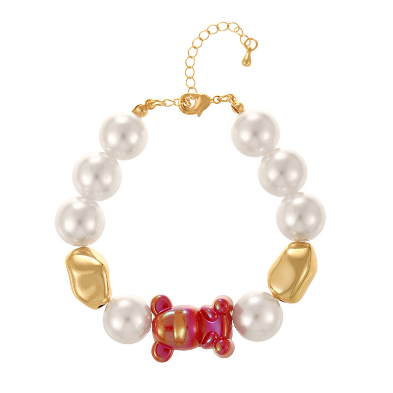Pulsera Perlas Blancas Oso Rojo Tornasol  1W7