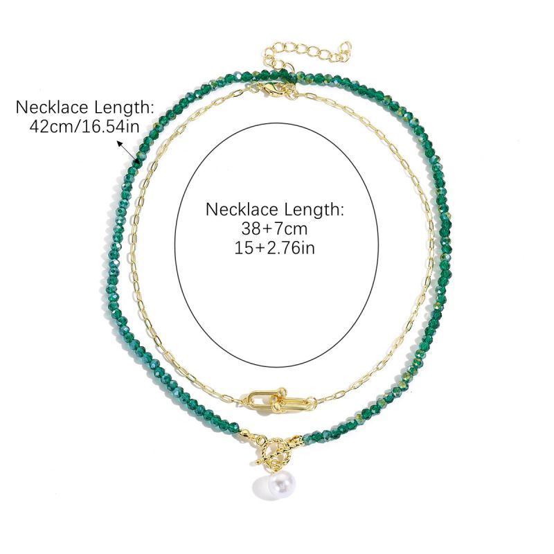 Collar Layer Dorado y Verde Cristales y Perla
