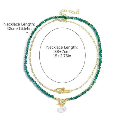 Collar Layer Dorado y Verde Cristales y Perla